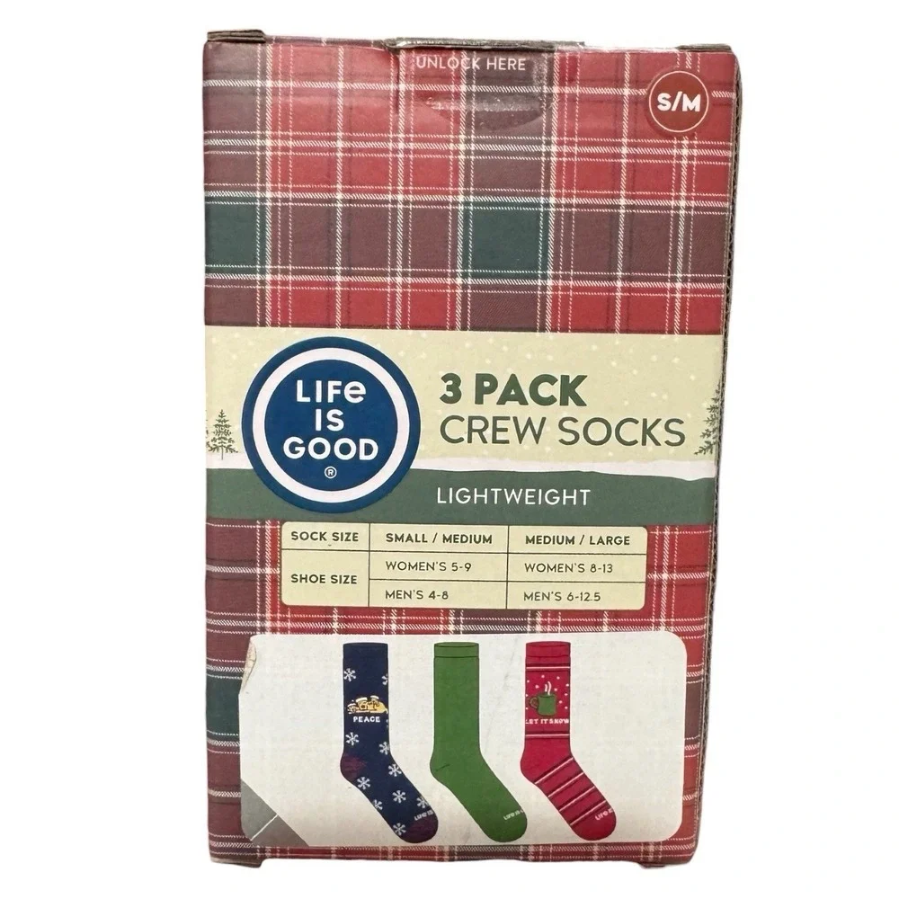 NEW Life is Good 3 Pack Holiday Crew Socks Cozy Gifting Puppy W5-9 M4-8
